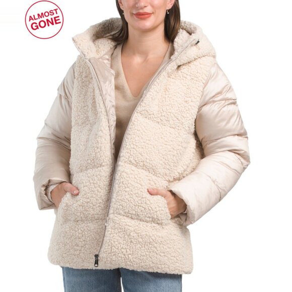 BERNARDO Cream Champagne Faux Fur Quilted Puffer Coat